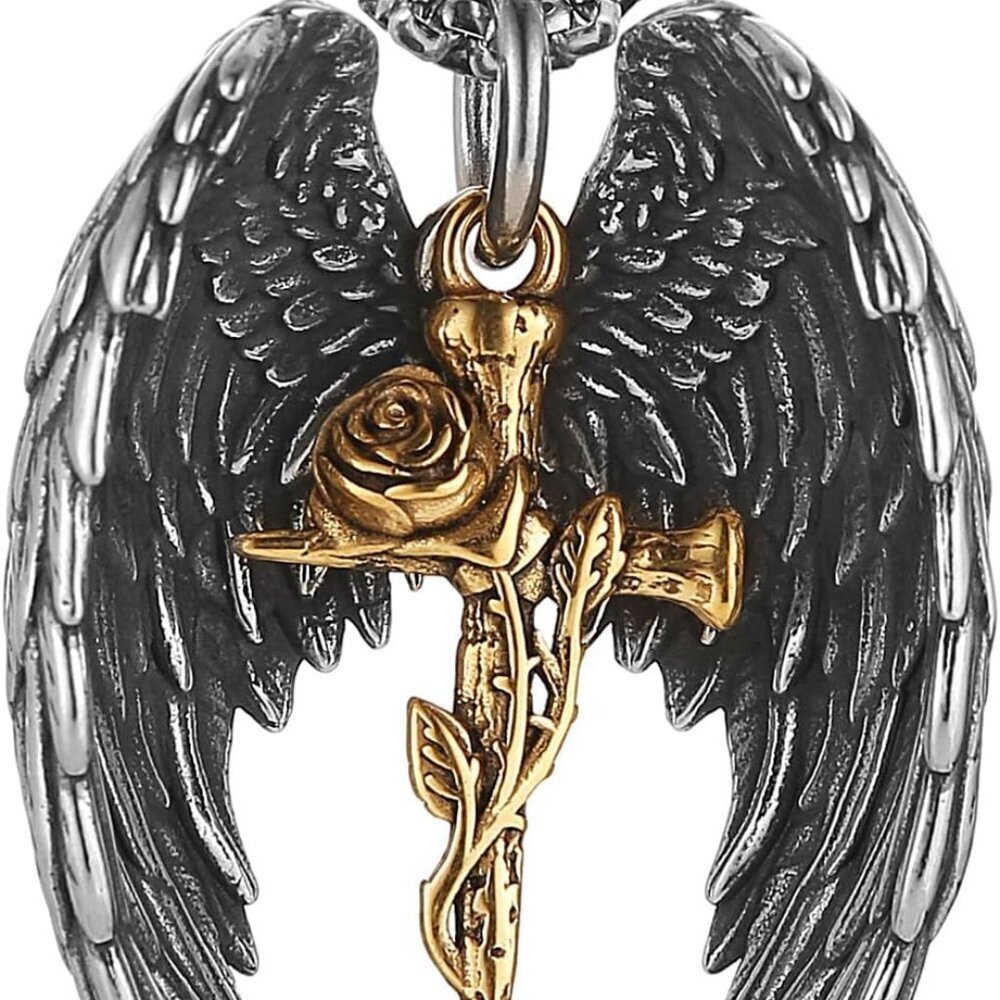 Angel Wing Necklace for Men Women Stainless Steel Gothic Punk Angel Wing Cross/A